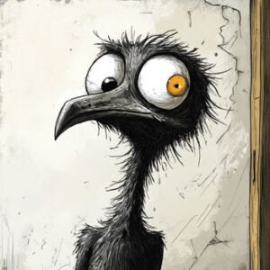 black comic bird with two eye colors