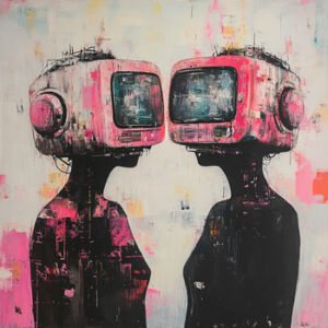 Illustration of silhouettes of 2 people with classic TVs on their heads looking at each other