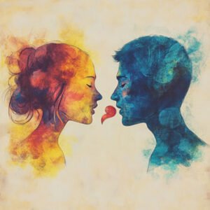 side view of orange woman's face and blue man's face with closed eyes