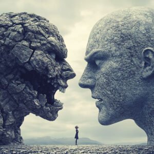 two male faces made of sculpted stone staring at each other, one being scary and broken, the other focused