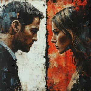 man and woman on different sides, symbolizing an argument
