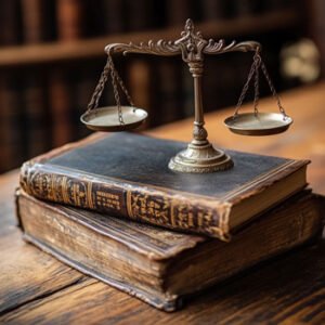 law books with scales of justice on top and book shelves in background