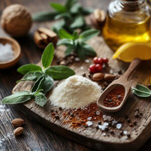 cooking ingredients on wooden plate