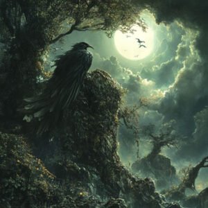 raven sitting next to tree during moonshine