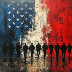 soldiers in front of american flag like background