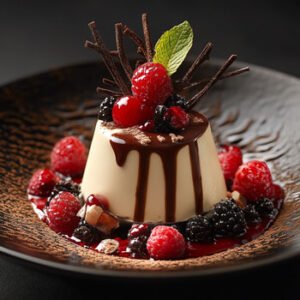 vanilla dessert with chocolat sauce and raspberries