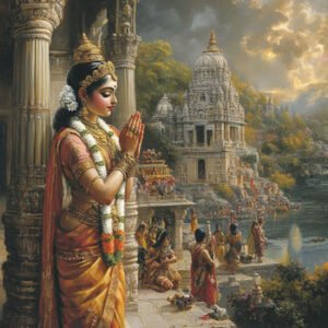 Indian woman praying with many other praying people in background