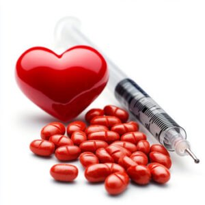 pills heart and syringe symbolizing diabetes treatment