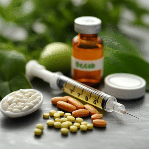 medicine, syringe and pills