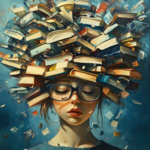 Illustration of girl with many books on her head