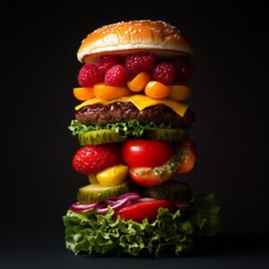 burger with meat, heese fruits, veggies and berries