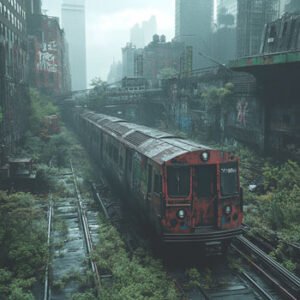 dystopian dark world showing red abandoned train on rails in city