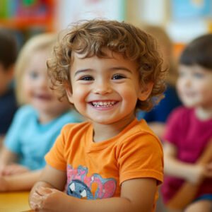 young boy with orange shirt in school smiling