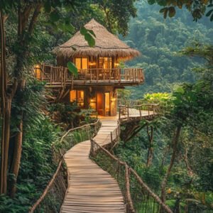 bridge leading to beautiful cottage in rainforest