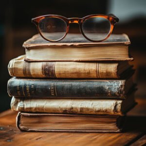 stacked books with glassees on top