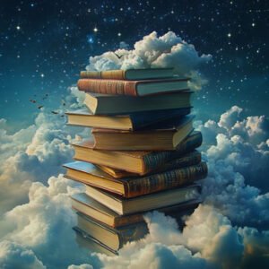 Illustration of books stacked on top of another reaching through the clouds