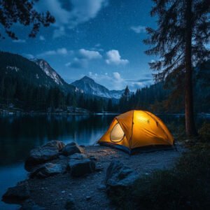 enlightened tent, camping at night next to lake
