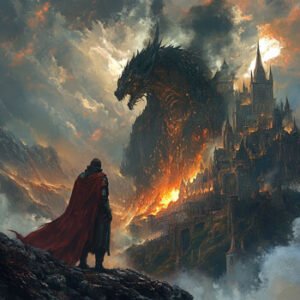 knight watching giant dragon near castle from afar