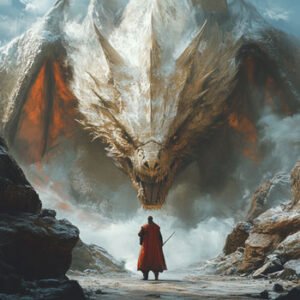 knight with sword standing in front of extremely giant dragon