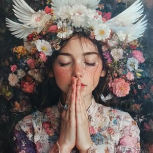 beautiful young woman with flowers on her head praying