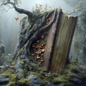huge fantasy book with tree growing on it in forest