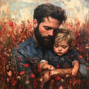 father and son in flower field
