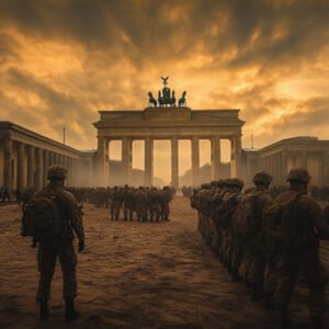 soldiers in front of berlin gate at sunset