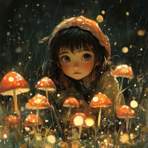 girl with mushroom hat in nature with mushrooms