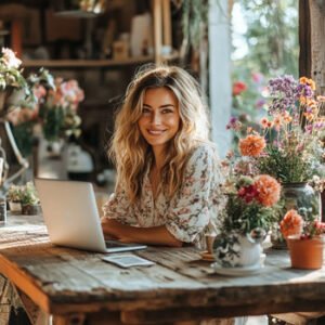 woman with laptop working at home for her home business