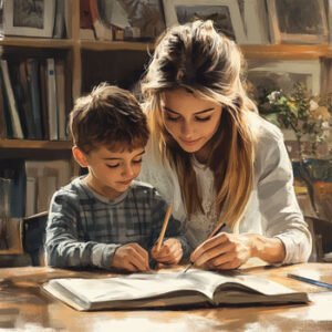 young mother teaching her son during homeschooling