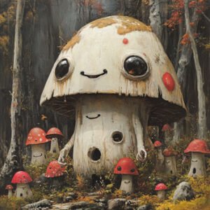 smiling comic mushroom with smaller mushrooms in forest