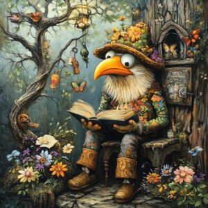 weird comic bird figure reading in forest