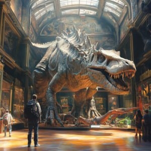 t-rex model in museum with people watching