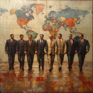 politicians in front of large world map