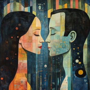 close-up painting of reddish woman and blueish man pointing towards each other with closed eyes