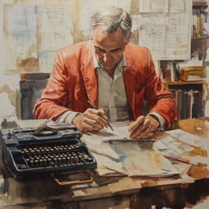 journalist writing at his desk