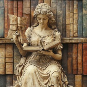 stone statue of woman reading book with lots of books in background