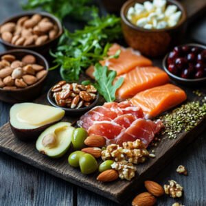 ketogenic meal of avocado, fish, nuts
