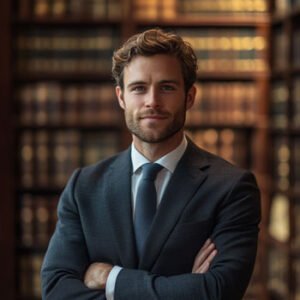 young attractive lawyer standing in book library