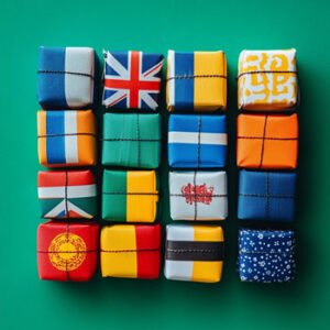 cubes with flag sins of different countries on green background