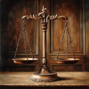 scales of justice with wooden background