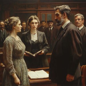 courtroom of the past with lawyers, man, woman holding a book and people in background
