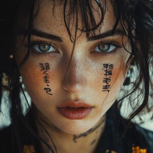 beautiful young woman with japanese signs on her face