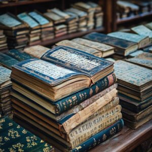 open book with japanese or chinese signs amongst other books