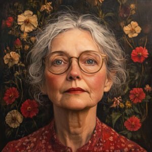 elderly woman with flowers in backgrounds
