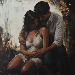young man sitting behind female partner, holding here for comfort