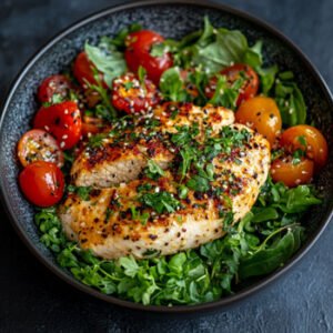 low carb meal with chicken breast, greens and tomatoes