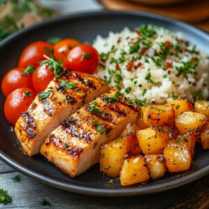 low fat meal with chicken, potatoes, rice and tomatoes