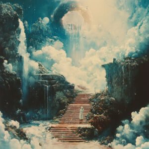 magical scenery with white clouds and woman in white dress walking on stairs