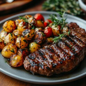main course and side dish of potatoes